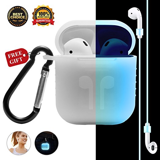 Airpods Case AirPod Accessories Case for Apple Airpods, [Night-glow Blue] Full Body Soft Skin Silicone Shockproof Protector Air Pods Case Cover with Night-glow Earphone Anti-lost Strap and Carabiner