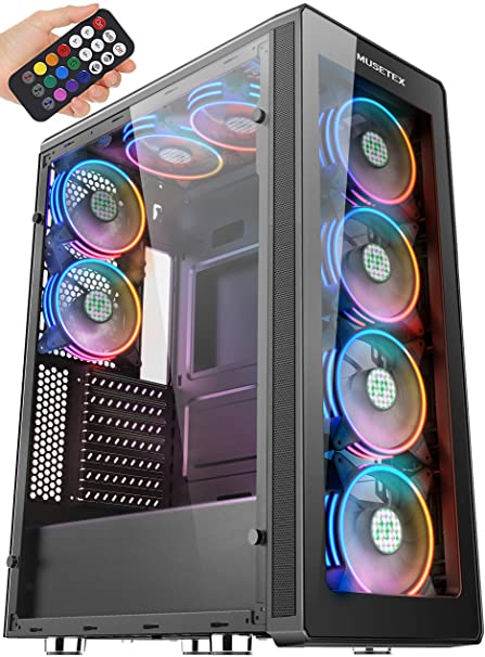 MUSETEX 2× USB 3.0 & 8× ARGB Fans ATX Mid-Tower PC Gaming Case, Computer PC Case with Remote Control, Tempered Glass Cooling System/Airflow/Cable Management（T400-MS8-MO）