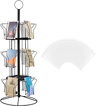 12 Pockets Countertop Rotating Greeting Card Rack with 200 Clear Resealable Polypropylene Bags 3 Tier Metal Display Stand Spinning Floor Stand Pocket Rotating Holder for Stickers Showcase (Black)