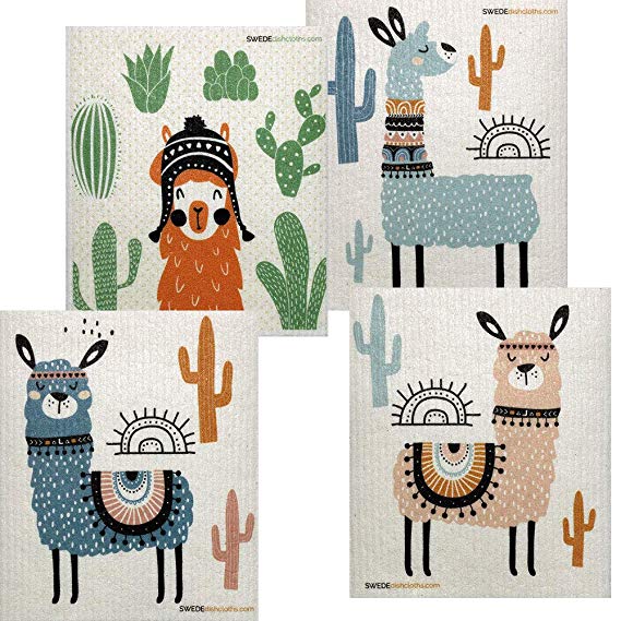 Mixed Llama Set of 4 Cloths Swedish Dishcloths (one of Each Design) | ECO Friendly Sponge Cloth | Paper Towel Replacement