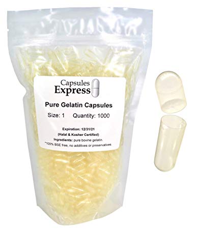 Capsules Express- Size 1 Clear Empty Gelatin Capsules 1000 Count - Kosher and Halal Certified - Gluten-Free Pure Bovine Gelatin Pill Capsule - DIY Powder Filling