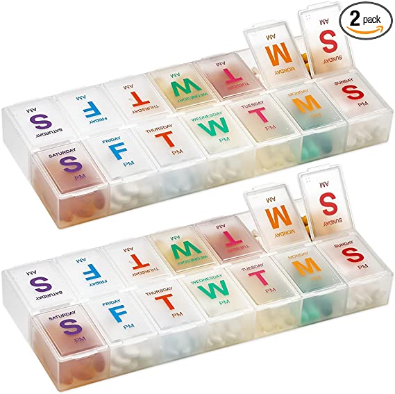 Large Weekly Pill Organizer - (2 Pack) AM PM Pill Box - XL 7 Day Pill Organizer 2 Times A Day and Daily Pill Organizer Case for Medication, Pills, Supplements with Braille, Bright, Easy to Read