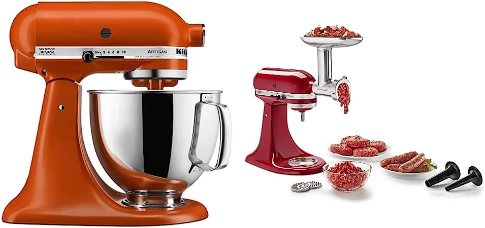 KitchenAid KSM150PSSC Mixer Bowl, 5 Quart, Scorched Orange & KSMMGA Metal Food Grinder Attachment, Silver