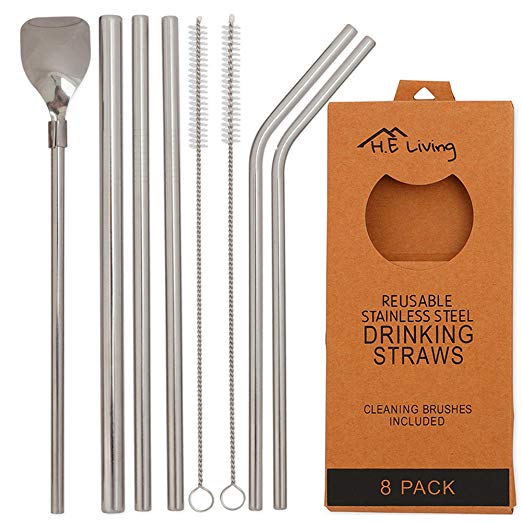 Stainless Steel Straws, Set of 6 Metal Drinking Straws with 2 Straw Cleaning Brush and 2 in 1 Cocktail Stirrer Spoon for Smoothie, Cocktail, Hot Drinks and Milkshake by H.E Living