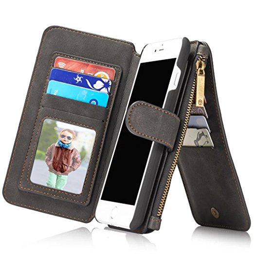 Harrms Leather wallets phone case iPhone 6/iPhone 6S/iPhone 6 Plus/iPhone 6S Plus/iPhone 7/iPhone 7 Plus,12 Card Slot Series [Zipper Cash Storage] Premium Flip Wallet Case Cover With Detachable Magnetic Hard Case