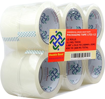 Double Bond 12 Rolls Real Thick (3.1 Mil) Commercial Grade Heavy Duty Packing Tape, 1.88"x54.6 Yds (48mm x 50m), Clear (1731-12)