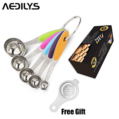 AEDILYS Set of 5 Best Measuring Spoons for Dry & Liquid Ingredients （Free Egg Separator）- Ergonomic Design With Slip Resistant Silicone Handles - Perfect for Baking & Cooking