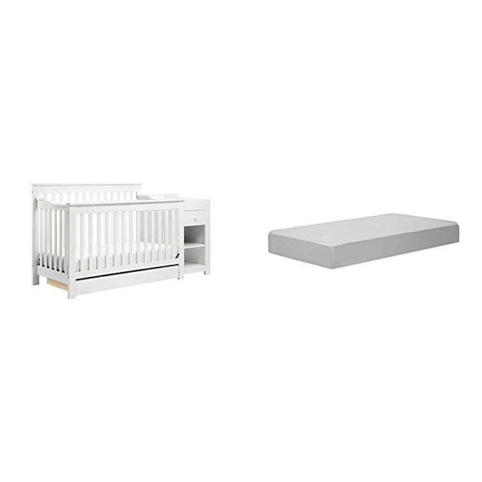 Piedmont 4-in-1 Crib and Changer Combo with Complete Toddler Mattress with Hypoallergenic Waterproof Cover