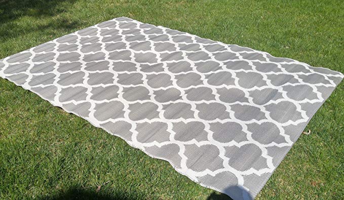 Santa Barbara Collection 100% Recycled Plastic Outdoor Reversable Area Rug Rugs White Silver Trellis san1001silver 5'11 x 9'3 - Made in USA