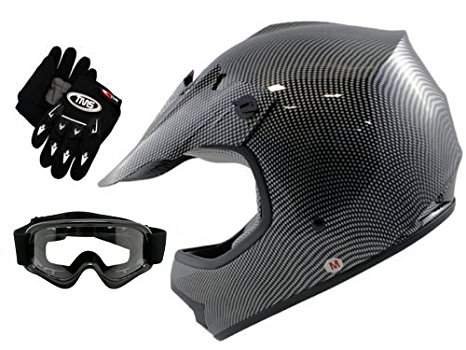 TMS Youth Kids Carbon Fiber Graphics Motorcross Motocross Off Road ATV Helmet w/ Goggles & Gloves (Medium)