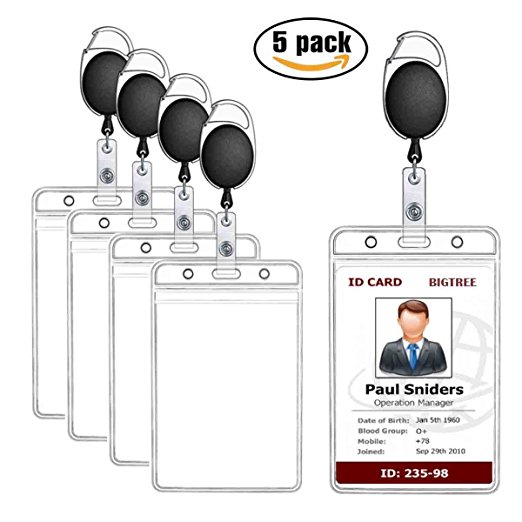 Badge Holder, MBigtree Vertical Heavy Duty Id Badge Holder Bus Card Holder with Retractable Carabiner Reel Clip for Office Company Employee School Student Bus Pass Id Card Clear