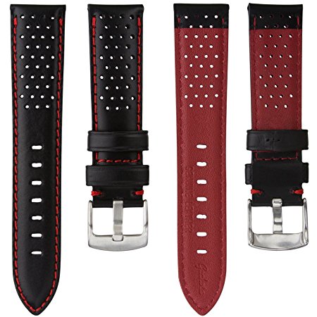 Geckota Genuine Italian Leather Perforated Sport Watch Band, Black with Contrasting Stitching