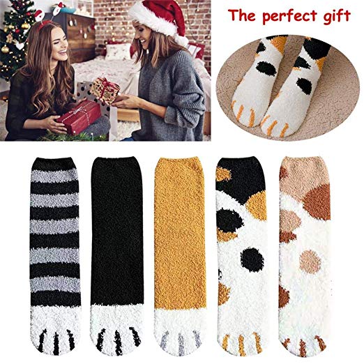 Kindlyperson 5 Pair Women Fluffy Plush Slipper Socks, Cute Cat Claws Plush Coral Fleece Socks Female Tube Socks, Anti-Skid Socks for Winter Indoor Home Sleeping