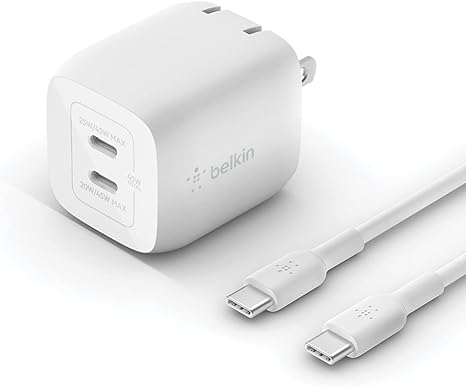 Belkin BoostCharge Pro 45W Dual USB-C GaN Wall Charger, Multi-Port Charger w/ 2X USB-C PD 3.0 Fast Charge Ports for MacBook, iPhone, iPad, Galaxy, Google Pixel, & More   USB-C to USB-C Cable - White