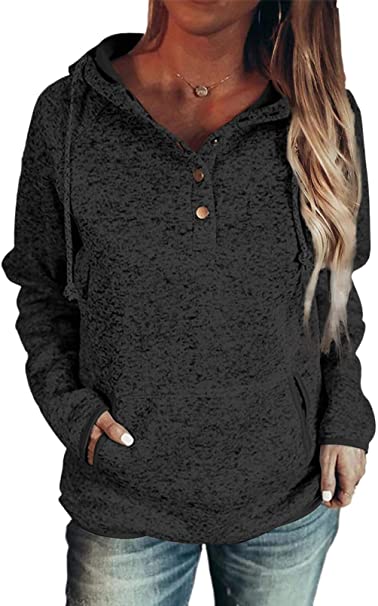 Dokotoo Womens Button Collar Drawstring Stitching Sweatshirts Hoodies Pullover