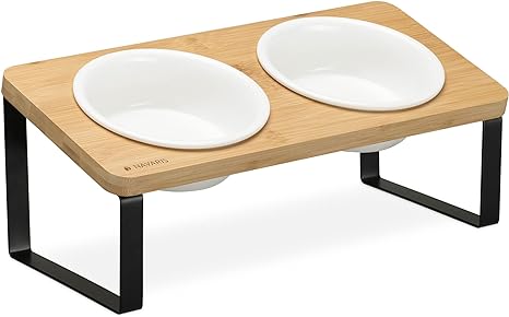 Navaris Dog Bowls with Stand - Double Stoneware Food Bowl with Elevated Holder Made of Bamboo and Metal - Set for Cats and Dogs - 11 oz (330 ml) Capacity