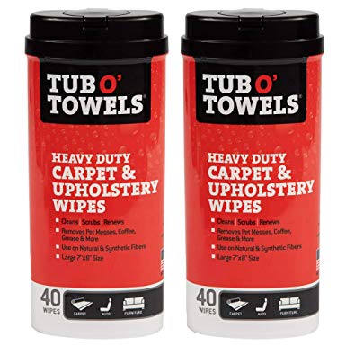 Tub O' Towels Carpet and Upholstery Spot Remover Cleaning Wipes - Clean, Scrub, Remove, 40 Count, 2-Pack