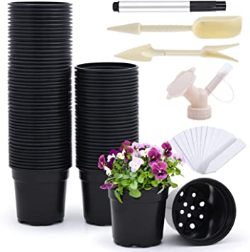 Ohuhu 4 Inch Plastic Plant Nursery Pots, 80 Pack Extra-Thickened Planting Pots with Drainage Holes & Plant Labels, Small Starter Planter Flower Pots for Seedling, Succulents, Cutting, Transplanting (4 Inch, 80 Pcs)