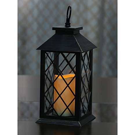 13" Tall Decorative Lantern containing a flameless LED Pillar Candle. Black Rustic Brush finish with innovative Weatherproof Hanging Ring. Great for a celebratory Center piece at any festive event