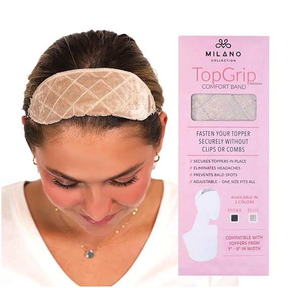 MILANO COLLECTION TopGrip Comfort Band for Medium Base Toppers, Adjustable Translucent Strap, Side Openings to Secure Your Wig or Topper, Includes Clips, Beige, Medium