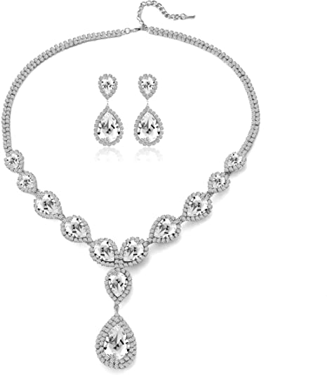 Paxuan Womens Silver / Gold Plated Teardrop Crystal Wedding Bridal Jewelry Set Pendant Necklace Drop Dangle Earrings Set