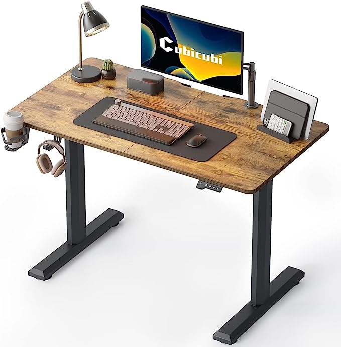 CubiCubi 110cmx60cm Standing Desk, Electric Stand up Height Adjustable Home Office Table, Sit Stand Desk with Splice Board, Black Frame & Rustic Brown Top