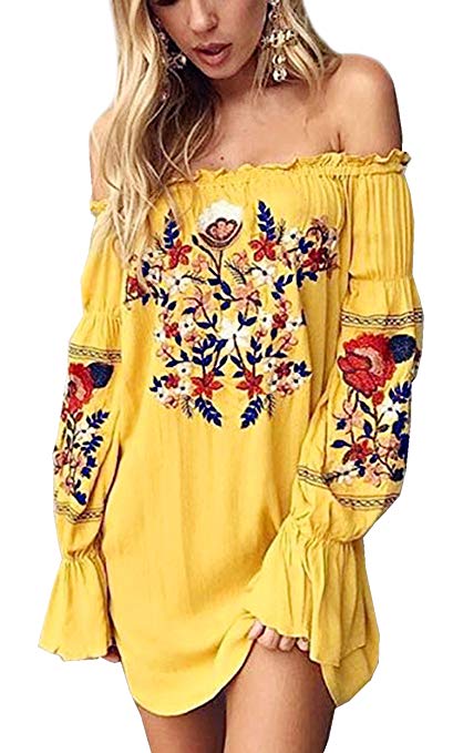 R.Vivimos Women Floral Embroidered Off Shoulder Long Sleeve Short Dresses