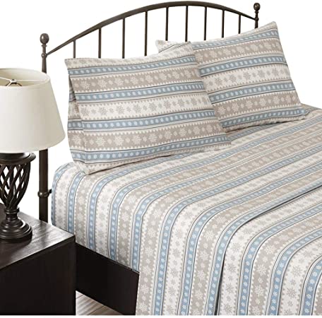 Woolrich Flannel 100% Cotton Sheet Set Warm Soft Bed Sheets with 14" Deep Pocket Cabin Lifestyle, Cold Season Cozy Bedding Set, Matching Pillow Case, Queen, Blue Snowflake, 4 Piece