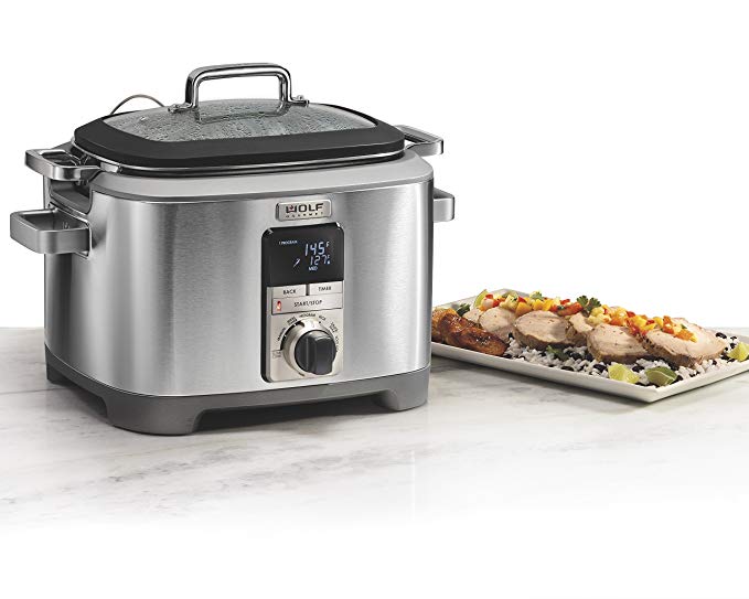 Wolf Gourmet WGSC110S Programmable Multi Function Cooker with Temperature Probe - Slow Cooker, Rice Cooker, Sauté, Sear, Sous Vide, Stainless Steel (Black)