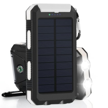 Solar Charger, Solar Power Bank 10000mAh External Backup Battery Pack Dual USB Solar Panel Charger with 2LED Light Carabiner Compass Portable for Emergency Outdoor Camping Travel-White