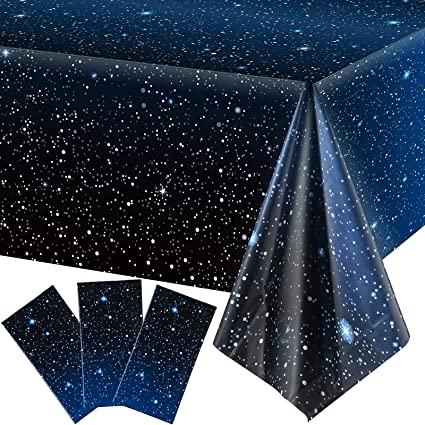 Space Tablecloth Starry Night Tablecloth Decorations Plastic Galaxy Table Cover Space Stars Theme Party Supplies for Birthday Home Decorations, 54 x 108 Inch (3 Pieces)