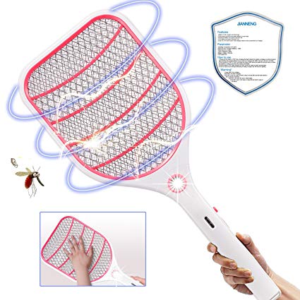 Bug Zapper Racket,Electric Fly Swatter,Fly Killer and Mosquito Swatter - USB Rechargeable- 3000 Volt - Bright LED Light - Unique 3-Layer Safety Mesh Safe