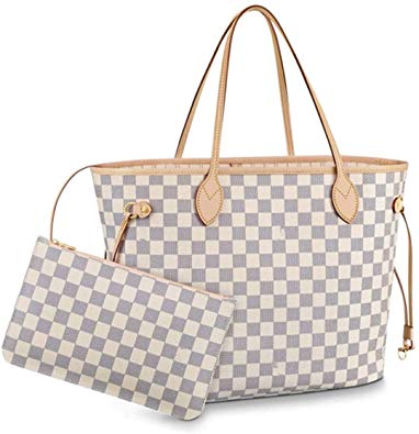Checkered Handbag Tote Shoulder Fashion Bag Medium Size with Inner Pouch - Pu Vegan Leather（white）