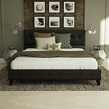 Urest Queen Size Bed Frame Platform Bed Mattress Foundation Wood Slat Support Upholstered Button Tufted Square Stitch with Headboard, Black