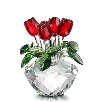 H&D Red Rose Figurine Ornament Spring Bouquet Crystal Glass Flowers Gift-Boxed