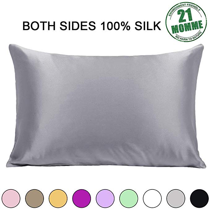 Ravmix 100% Pure Natural Mulberry Silk Pillowcase for Hair and Skin King Size, 21 Momme 600TC Hypoallergenic Both Sides Soft Breathable with Hidden Zipper, 20×36 inches, 1-Pack, Lilac Grey