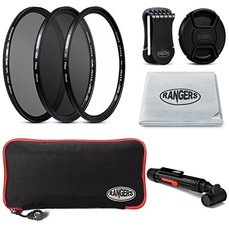 Rangers 3-Piece Filter Kit for 49mm Camera Lens Includes 49mm Filter Kit (UV, CPL,ND8)   Carrying Case   Snap-On Lens Cap w/ Cap Keeper Leash   Cleaning Cloth   Cleaning Pen RA023