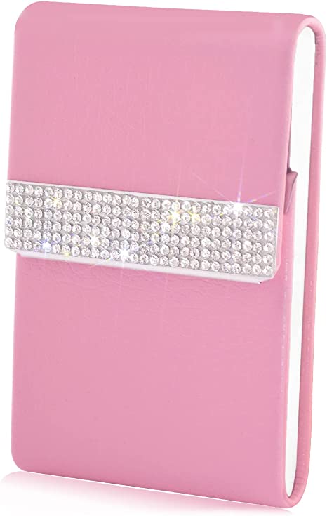 Business Card Holder, Metal Business Card Case Pocket, Professional PU Leather & Stainless Steel Multi Card Case,Business Card Holders Name Card Holder Purse Card Case with Magnetic Closure, Pink
