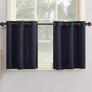 No. 918 Montego Grommet Textured Kitchen Curtain Tier Pair, 56" x 24", Navy Blue
