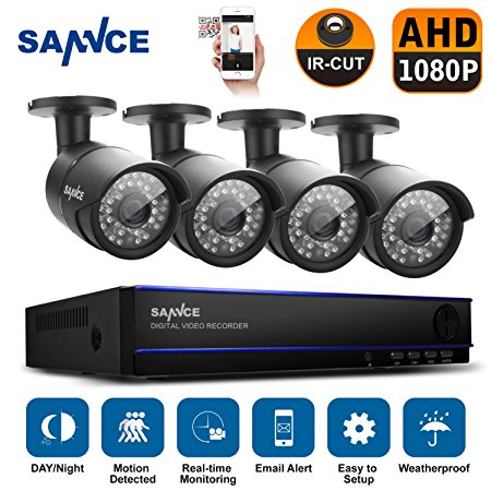 [Upgraded 1080P] SANNCE 4CH 1080P CCTV DVR Recorder with 4 HD 1980*1080P Indoor/Outdoor Security Camera Systems (36 infrared LEDs with 100ft night vision,IP66 Weatherproof,Motion Detection, NO HDD)