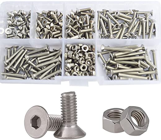 Flat Head Hex Socket Cap Screws Metric Countersunk Bolts Nuts Assortment Kit,260pcs 304Stainless Steel (M3)