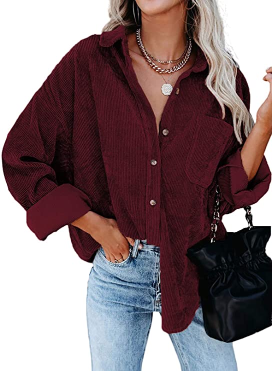 Dokotoo Womens Corduroy Button Down Shirts Boyfriend Long Sleeve Oversized Blouses Tops