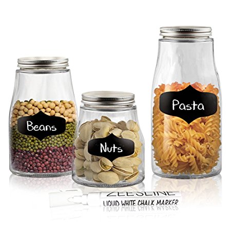 Chalkboard Clear Glass Canisters with Metal Lids & Chalk Marker, Set of 3 Kitchen Food Storage Containers -32/48/63 ounce capacity