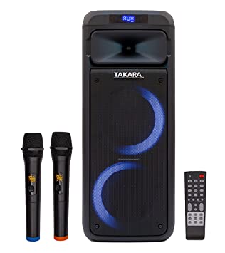 Takara T-1020 Portable Double 6.5Inch Party Karaoke Outdoor Indoor Speaker With Recording Multimedia Bluetooth; Karaoke with TWS; USB; FM; Rechargeable Battery PA System with 2 Wireless Mic Outdoor Speakers