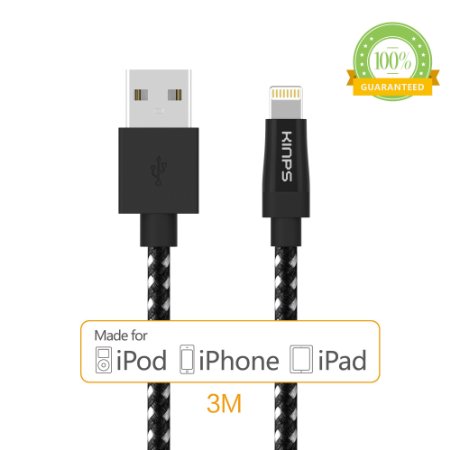 Apple Cable [Apple MFI Certified]- Kinps® 10ft/3m Nylon Braided Lightning USB Cable with Heat- Resistant Connector for iPhone, iPod and iPad (10FT-Black)