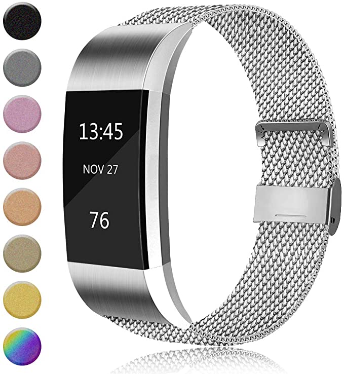 AK Metal Loop Band Compatible with Fitbit Charge 2 Bands, Replacement Stainless Steel Mesh Wristband with Magnet Lock (Without Tracker)