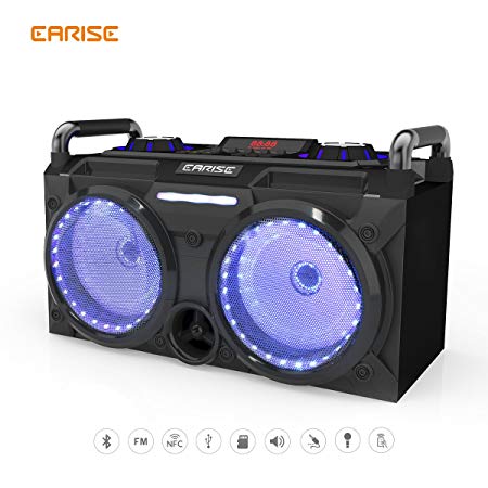 EARISE DT60-E Audio PA System Bluetooth Speaker, 2 X 5.25” Subwoofer with Equalizer, FM Radio, Wireless Microphone, Remote Control, Party LED Light, AUX/Micro SD/USB/NFC Input