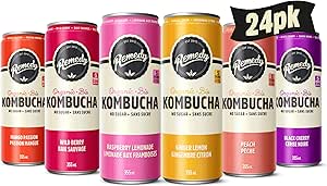 Remedy Kombucha Sugar-Free Organic Drink, Sparkling, Low Calorie, Gut Health Beverage - 6 Flavour Variety Pack - 355 mL Can, 24-Pack