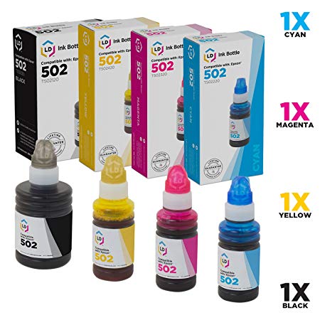 LD Remanufactured Replacements for Epson 502 Set of 4 Ink Bottles: T502120-S Black, T502220-S Cyan, T502320-S Magenta & T502420-S Yellow for use in ET-2700, ET-2750, ET-3700, ET-3750, ET-4750