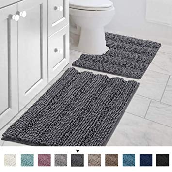 Extra Thick Chenille Striped Pattern Bath Rugs for Bathroom Non Slip - Soft Plush Shaggy Bath Mats for Bathroom Floor, Indoor Mats Rugs for Entryway (Gray, 32 x 20 Plus 20 x 20 - Inches)